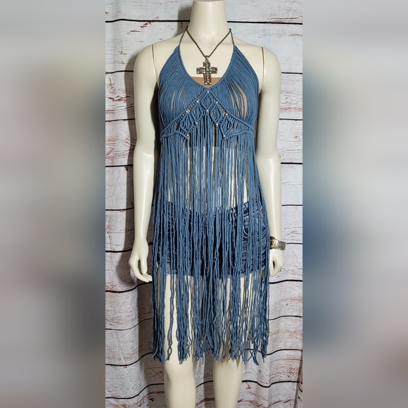 Gorgeous steel blue macreme lace dress coverup size medium - Picture 5 of 14